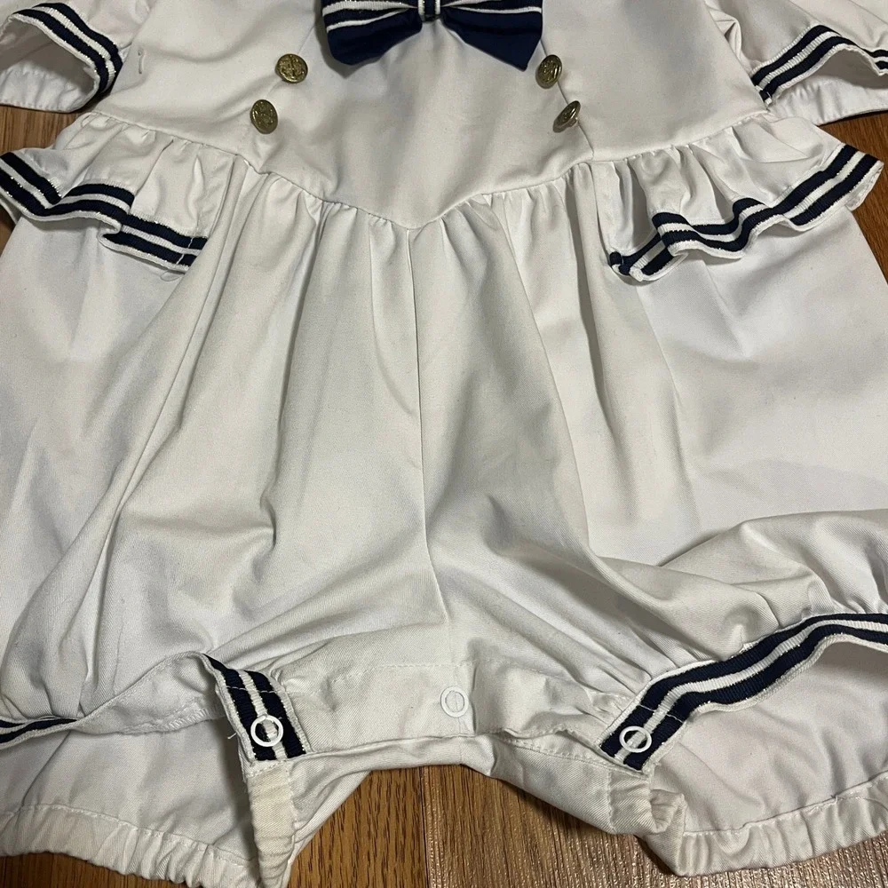 Vintage Sailor‎ Romper Toddler 4 White Navy Nautical Striped Puff Sleeve